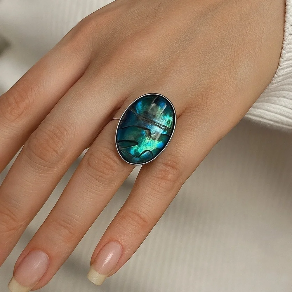NEW Oversized Abalone Statement Ring Silver Boho Iridescent Shell Jewelry GIFT 8